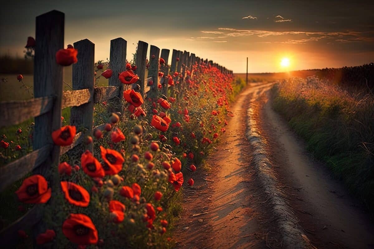 a field of red flowers next to a wooden fence at sunset
