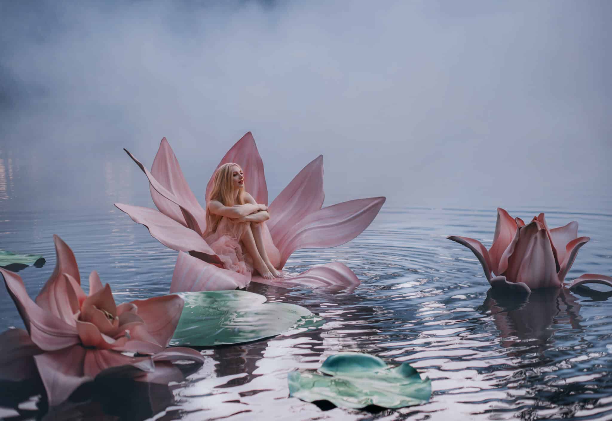beautiful fairy goddess of nature on the river sitting in a big lotus flower 