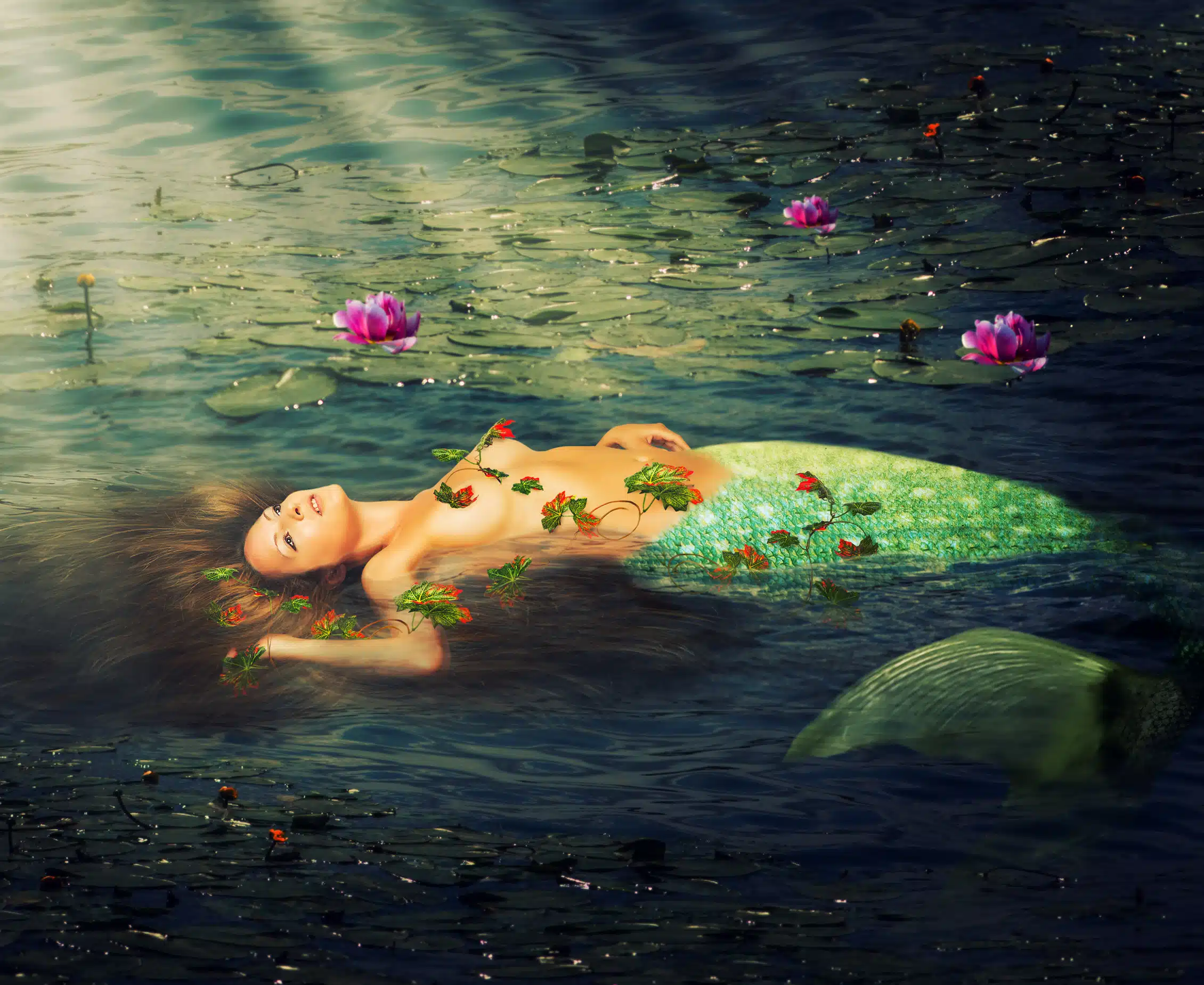 an enchanting mermaid lying in the water amidst water lilies