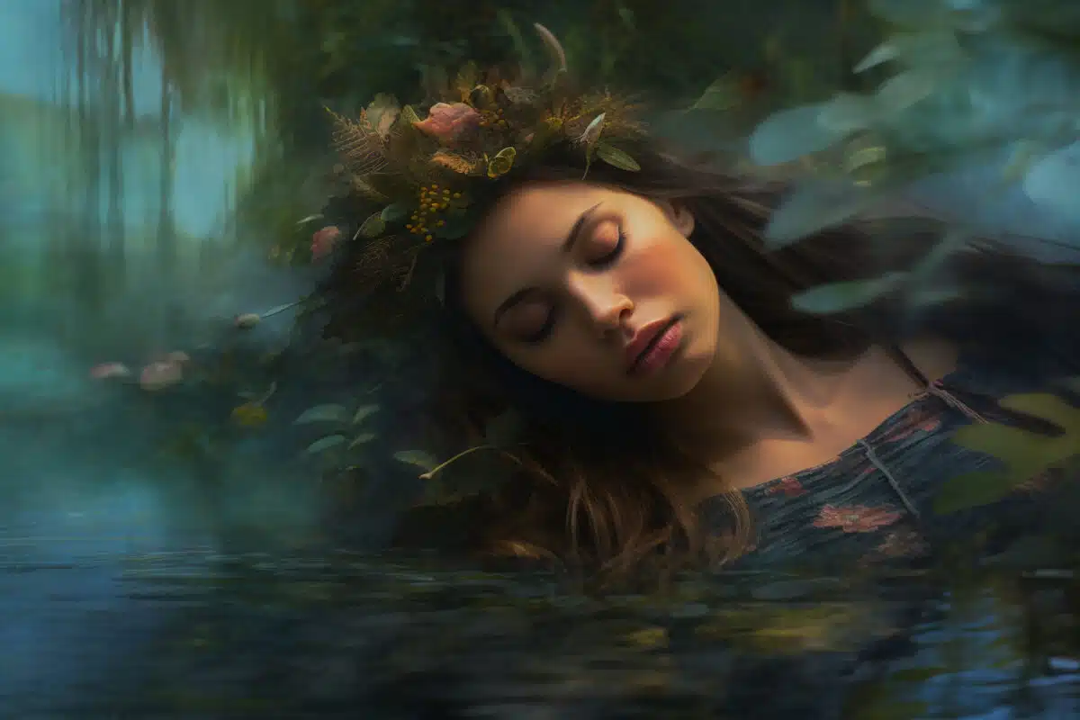 portrait of a beautiful model woman sleeping and dreaming in a bucolic scene, alone generative ai illustration