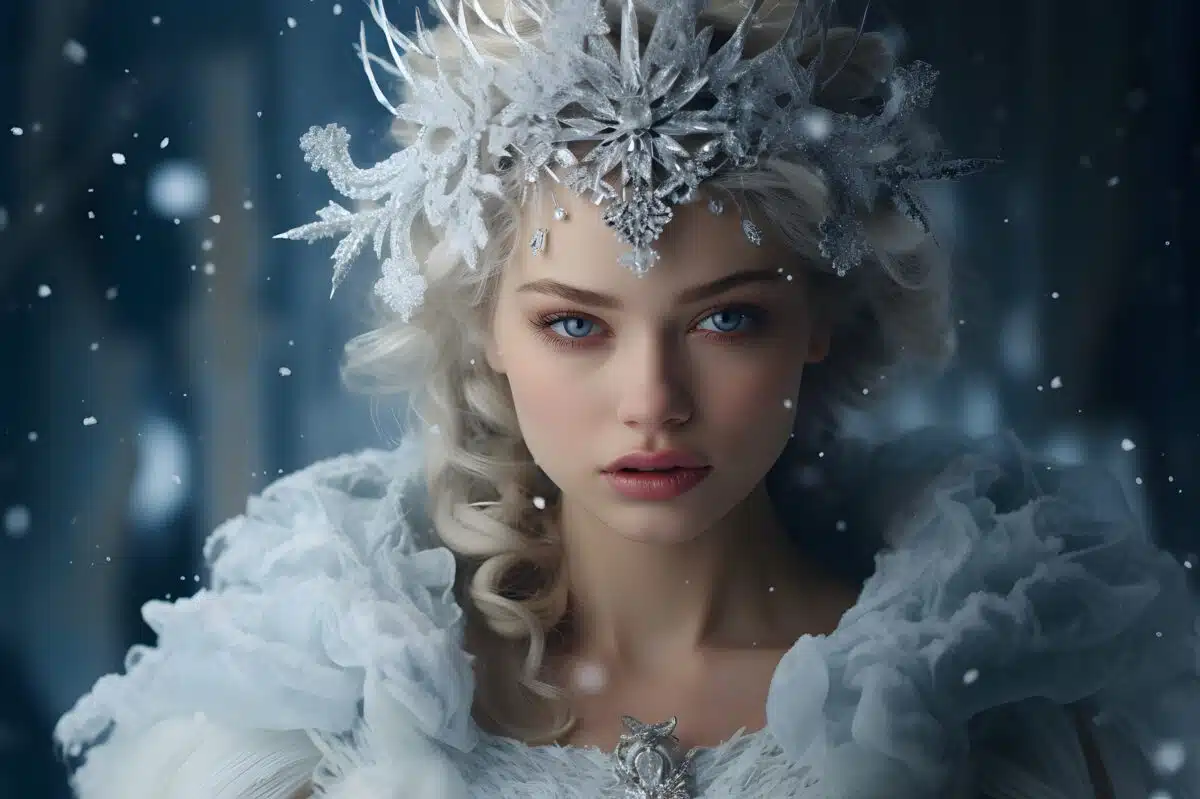 a stunning queen with violet eyes in white dress and silver crown 