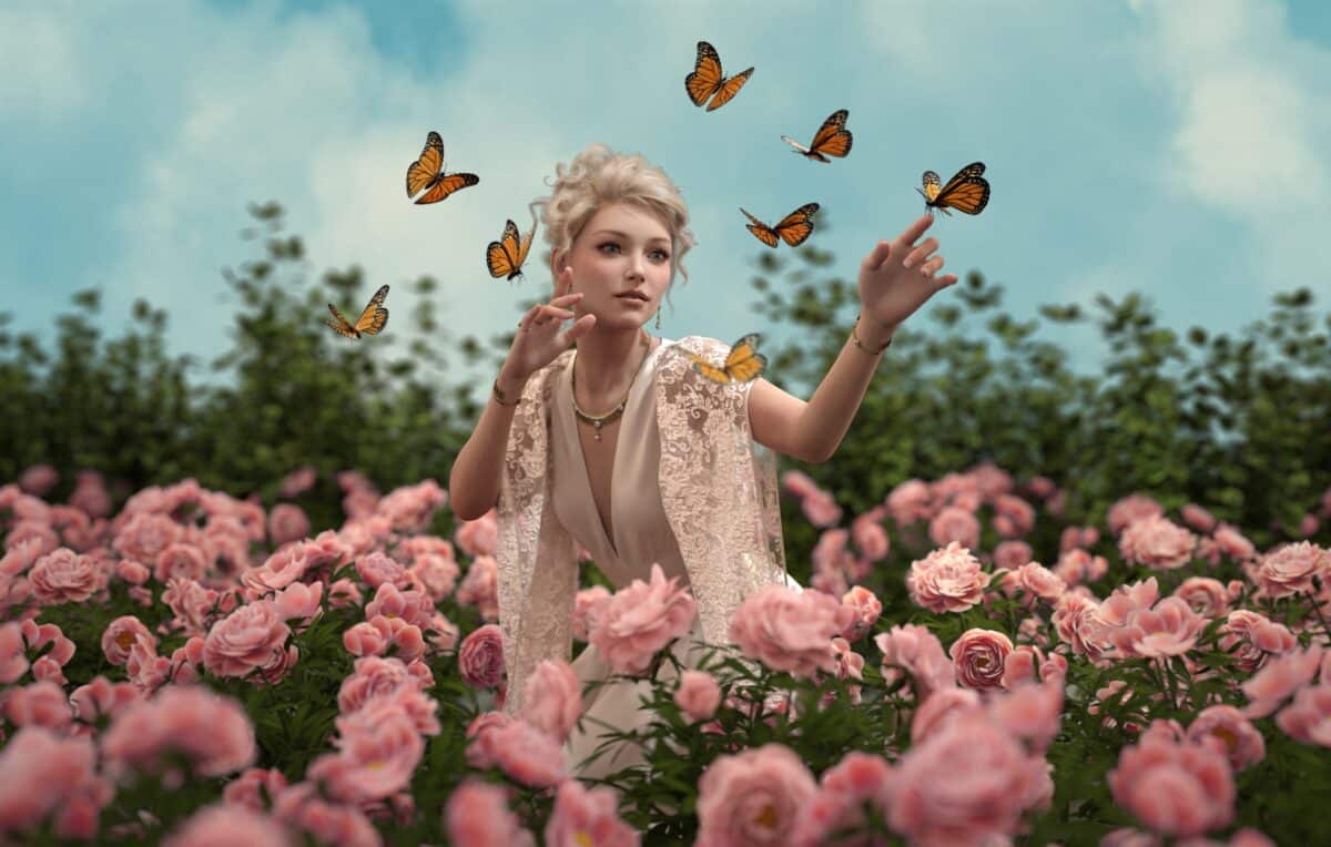 a mystical lady surrounded by roses and butterflies in the flower garden