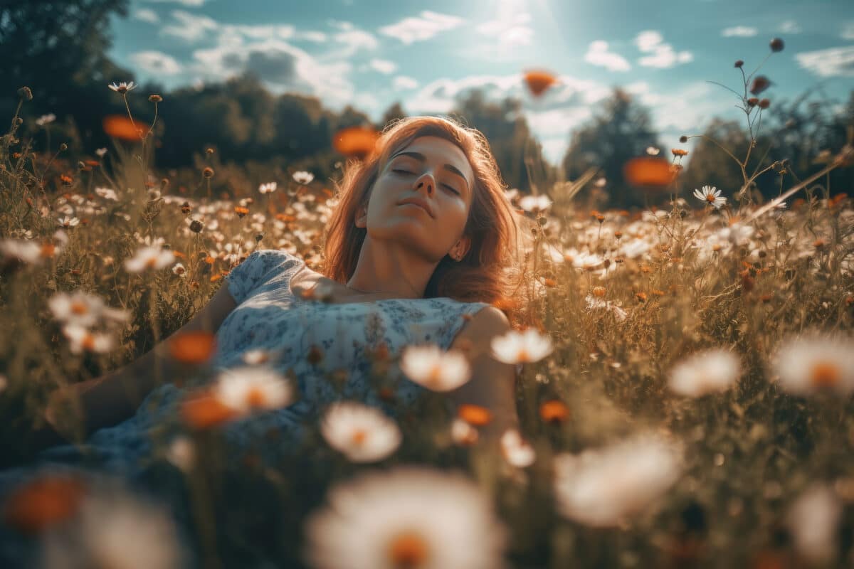 a carefree lady in a dress lies among wild flowers in a meadow with eyes closed