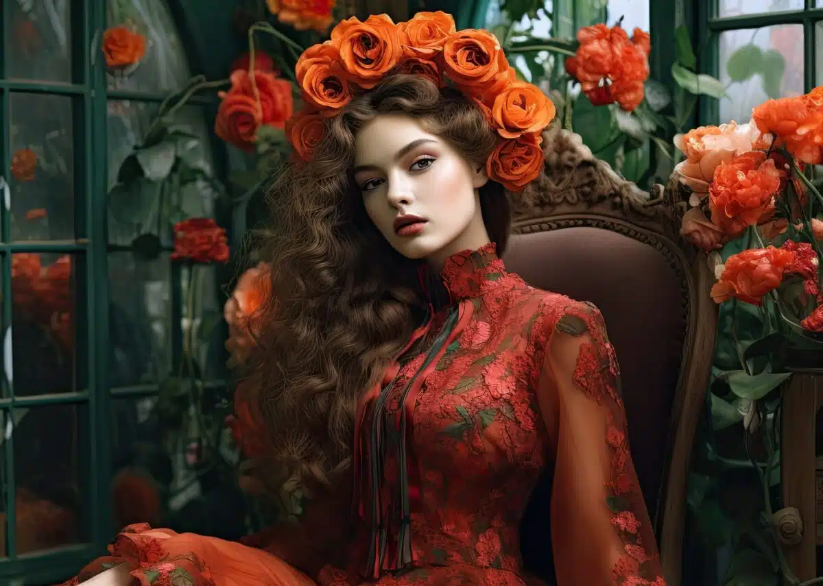 an enchanting lady in a red dress with a floral head wreath of roses 
