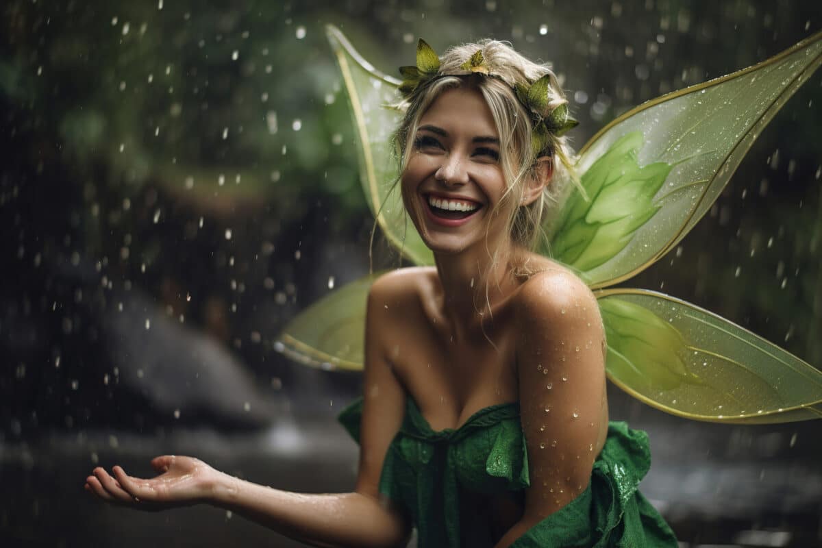 portrait of a smiling woman in the forest dressed like a forest fairy in the rain.