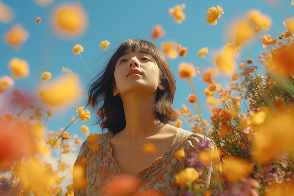 Portrait of a young Asian woman in a field of colorful flowers. Generative AI