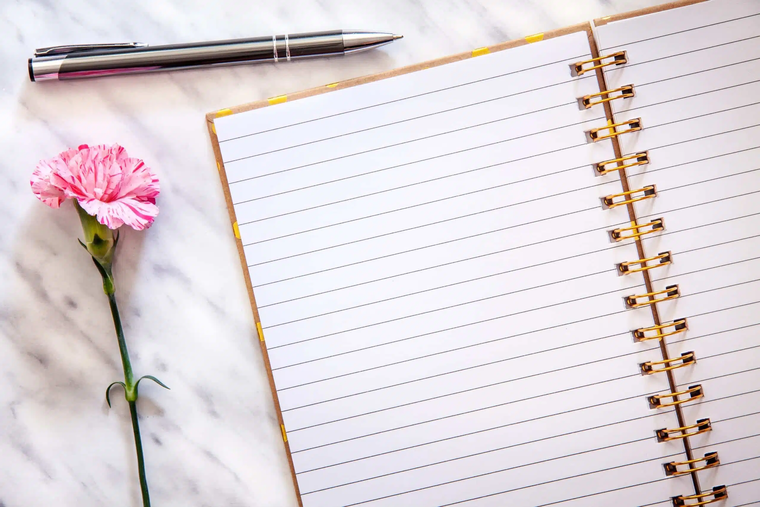 A marble desk with an open lined notebook, a pen, and a pink carnation flower.