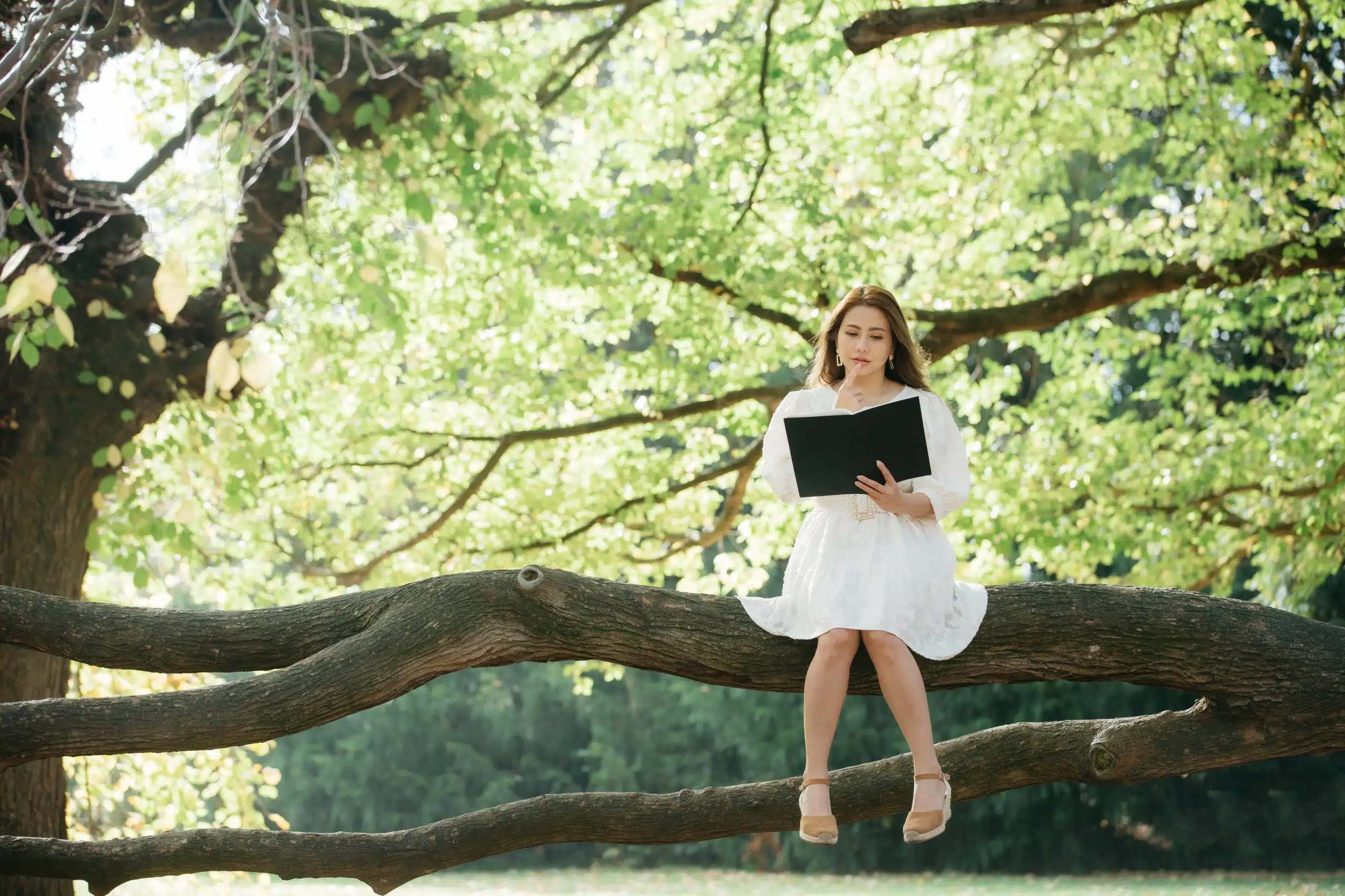 Beautiful woman in white dress sit on tree branch writing
