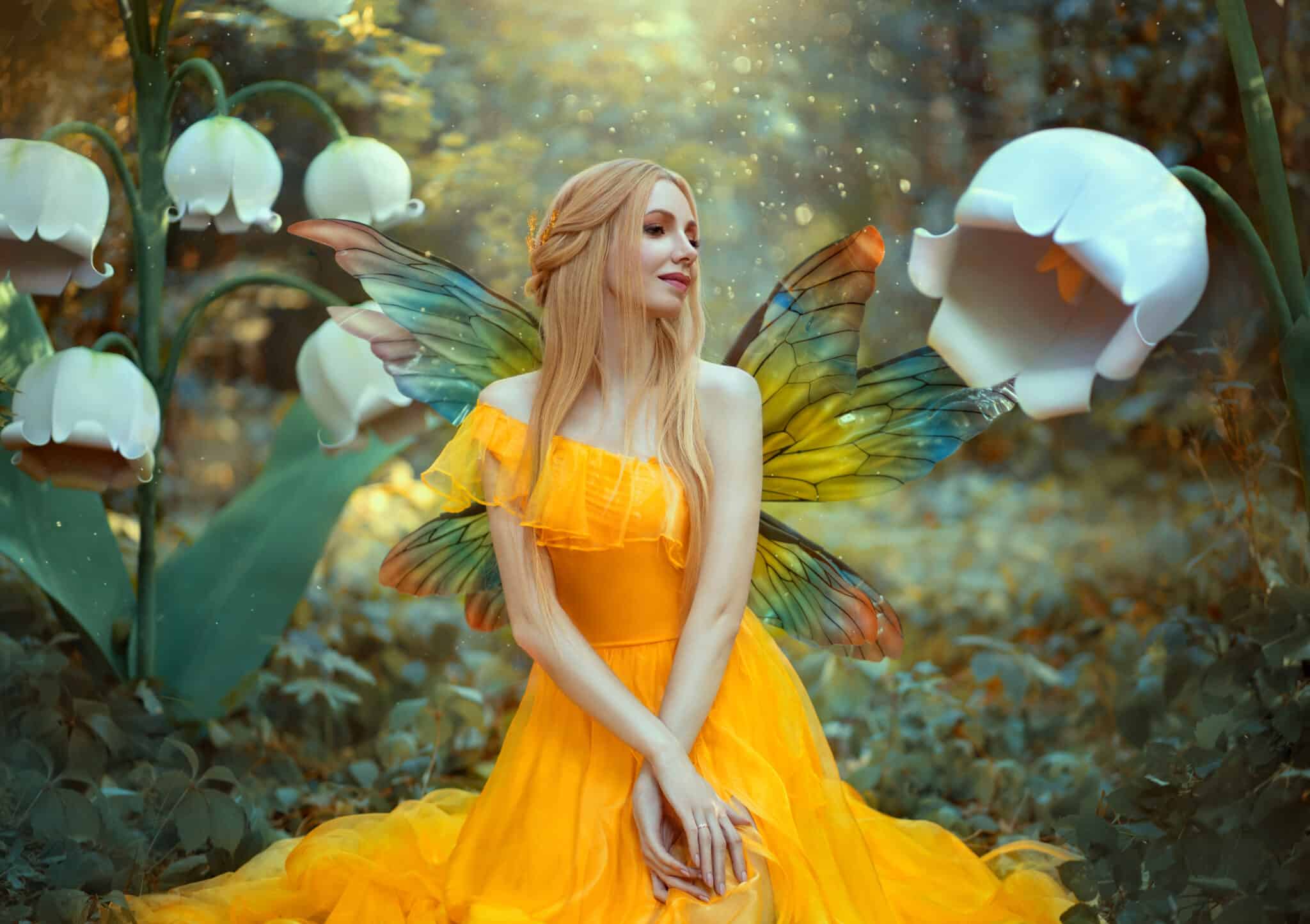 Portrait of happy fantasy woman blonde forest fairy. Fashion model in a bright yellow dress with butterfly wings sits posing in nature. Large flowers scenery decor white lilies. Light magic radiance.