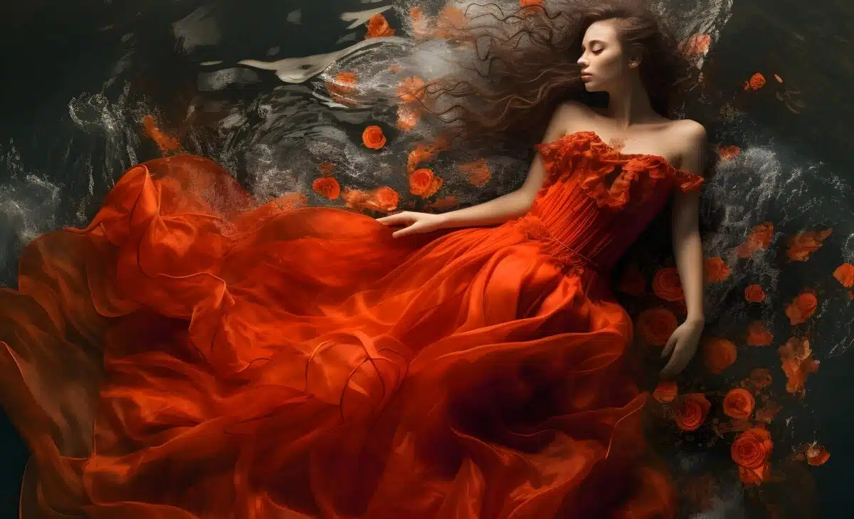 a sensual woman in red laying down amongst red flowers