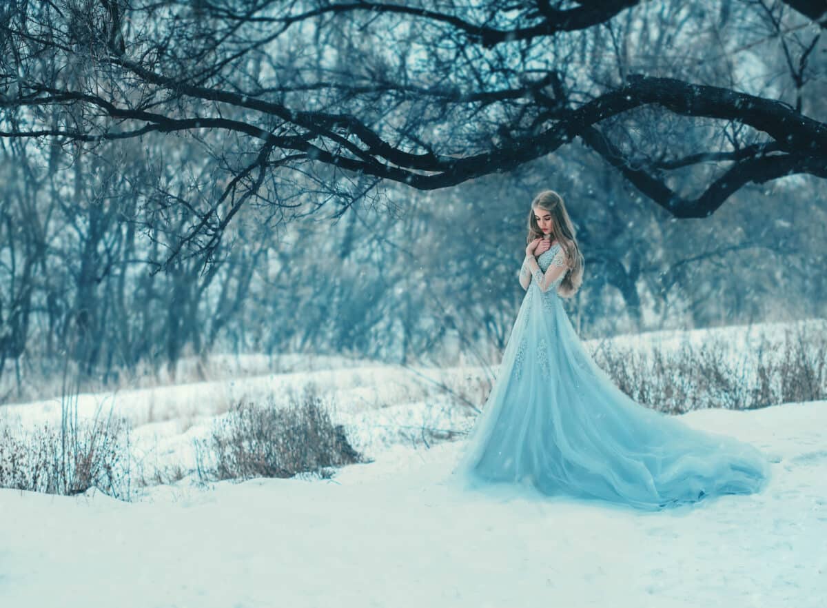 Lady in a luxury lush blue dress, fantastic shot, fairytale princess is walking in the winter forest