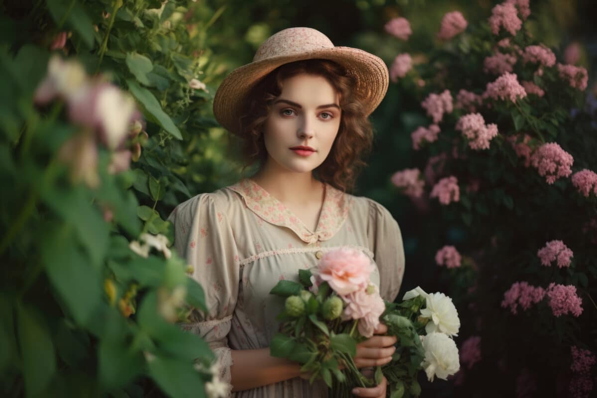 Vintage Woman in a Garden with a Bouquet of Flowers, generative ai