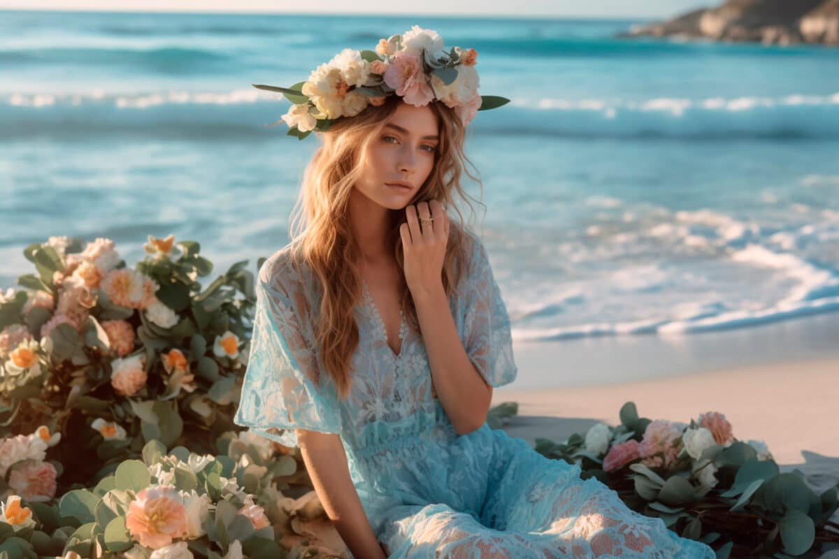 an attractive lady in a lace dress sits on a beach wearing a flower wreath 