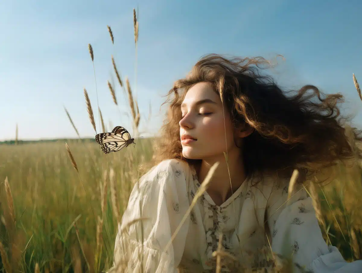 a  beautiful woman lying in field and a butterfly hovering near her face