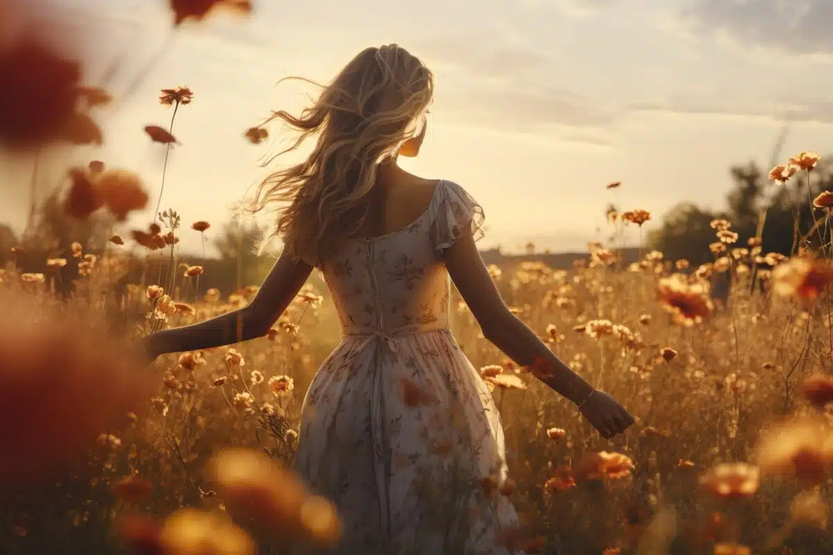 a young woman in dress enjoying summer freedom, walking in flower meadow at sunset