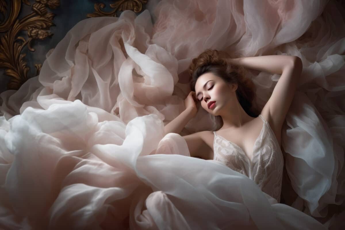 a dreamy woman wearing sumptuous fluffy dress