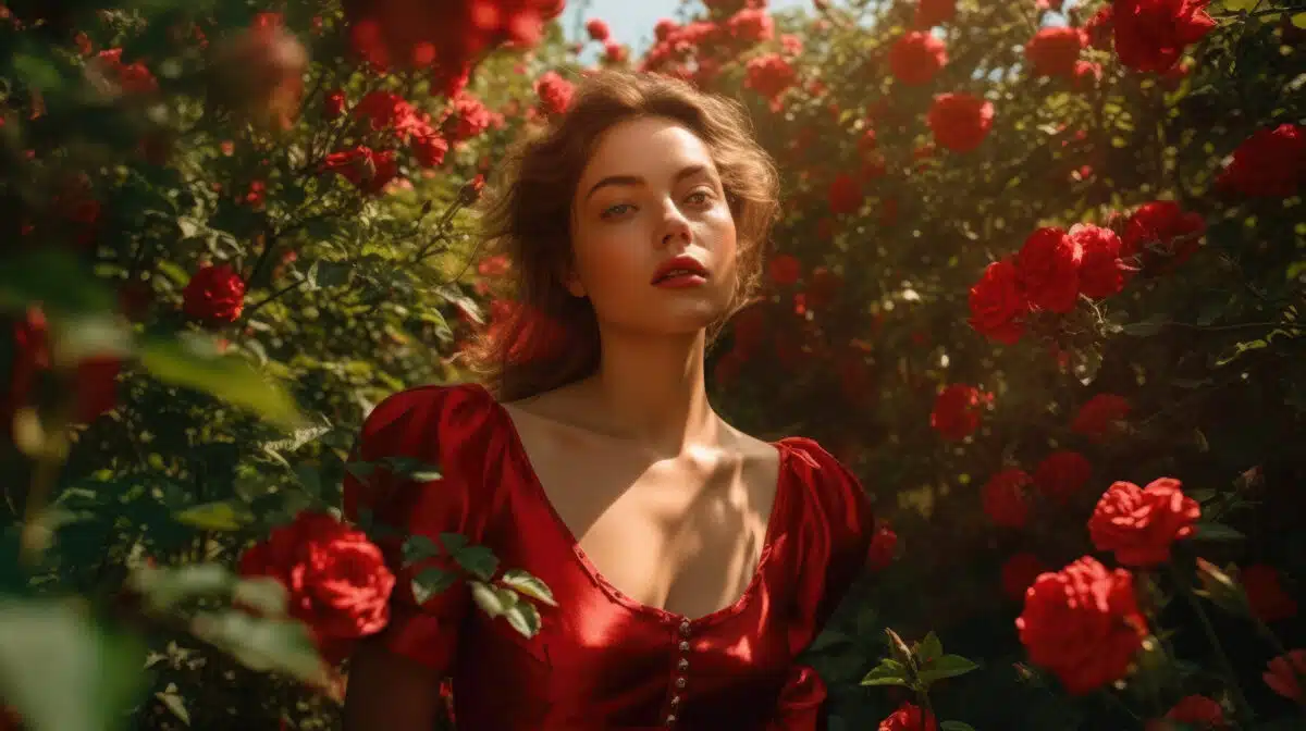 a beautiful woman is walking past the red roses in full bloom