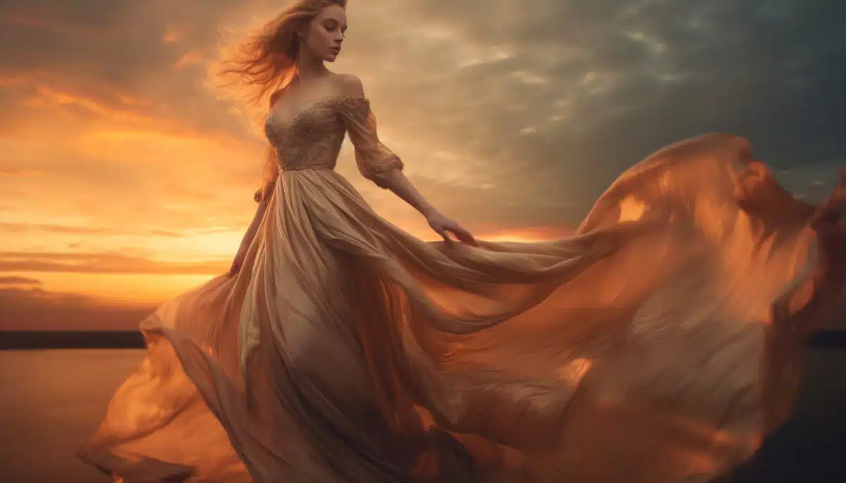 a young woman dances in the sunset, exuding elegance and sensuality
