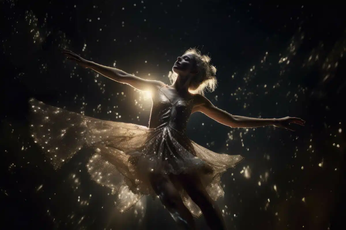 A beautiful fairy, flying through a star-filled night sky