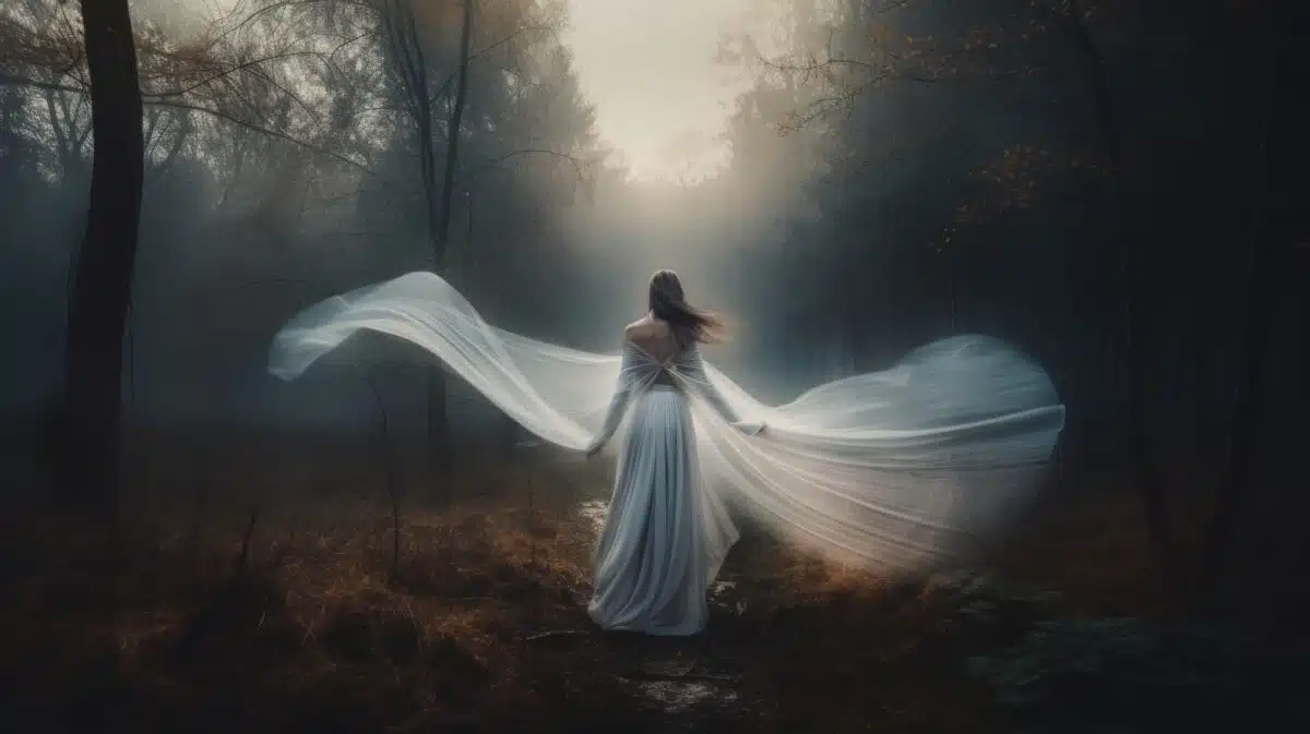 a woman in a white dress is walking through the woods
