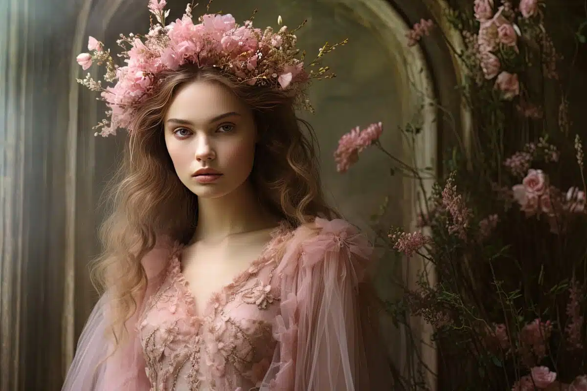 a pretty woman with pink flower head wreath is walking in pink flower garden