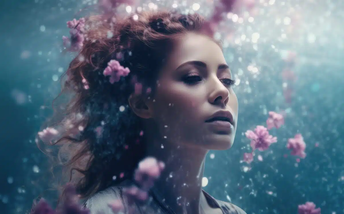 a water nymph under the water with pink flowers floating around her face