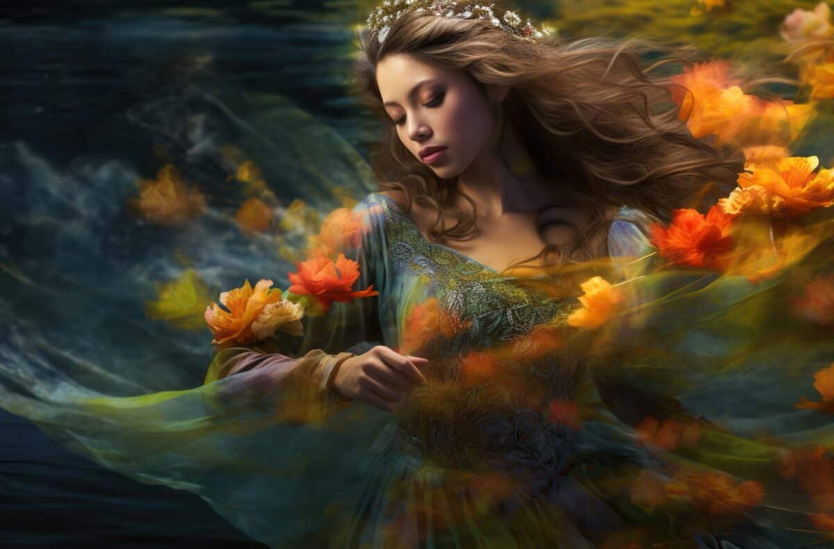 a mysterious lady in a floral dress surrounded with floating flowers