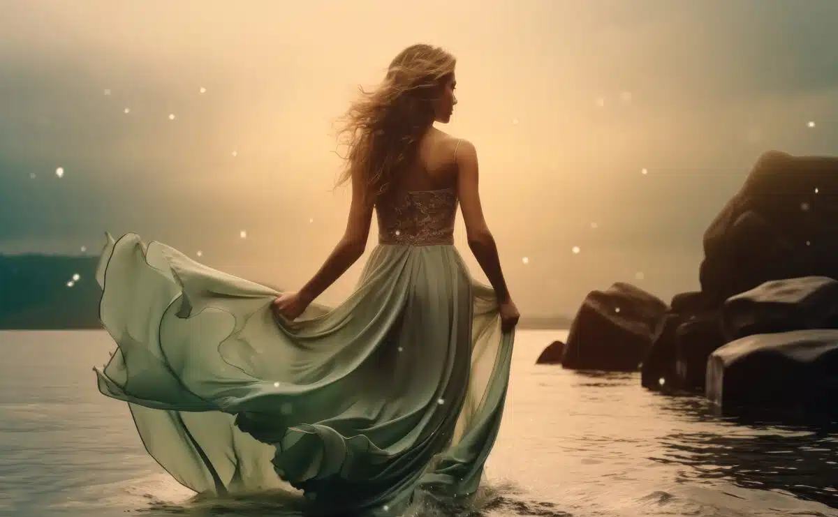a woman wearing long flowing beautiful dress in water in a melancholic dramatic mood