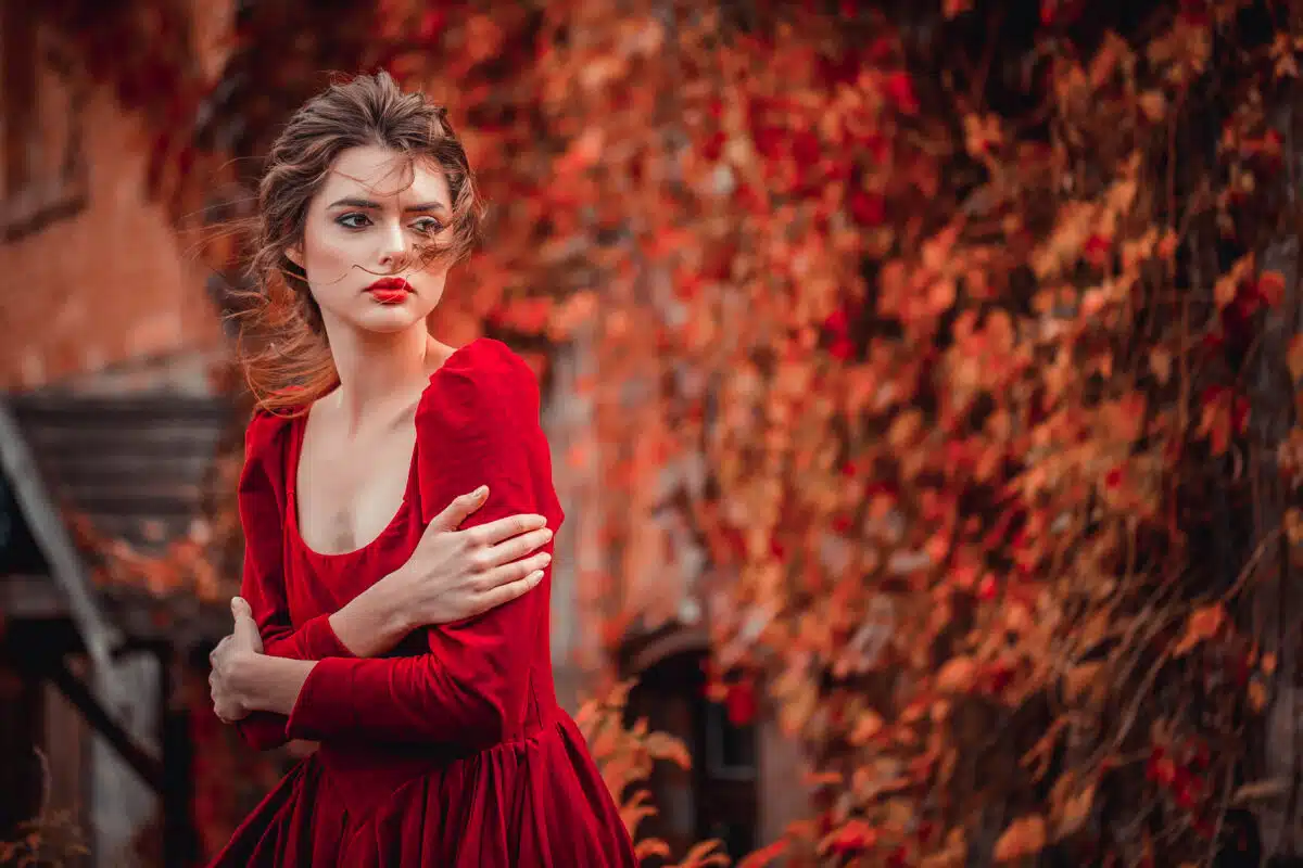 Portrait of Beautiful girl in a burgundy and red dress on a back