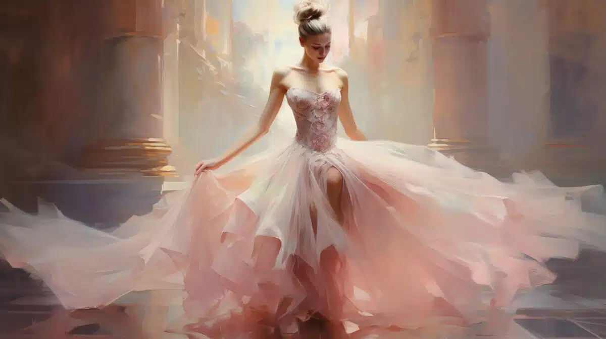 a ballet dancer in a pale pink dress dancing inspired by swan lake
