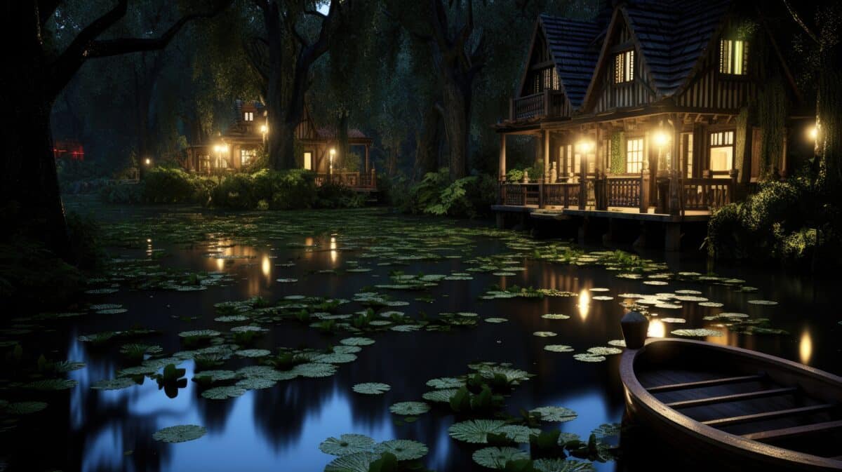 a magical fantasy landscape with glowing river and lights with lily pads in the dark lake at night