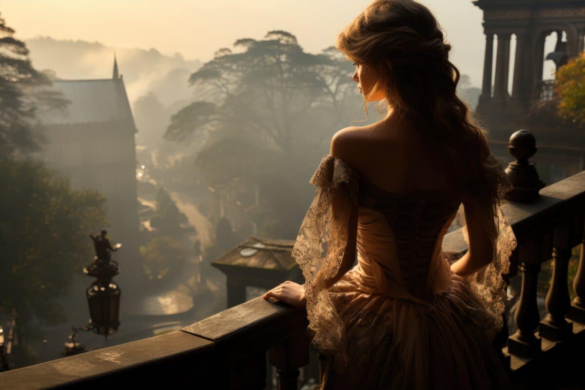 a Victorian lady gazes out over a misty landscape