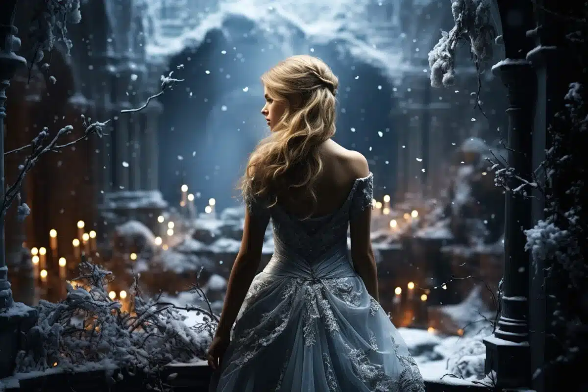 a young attractive girl at the entrance to a mysterious palace in winter