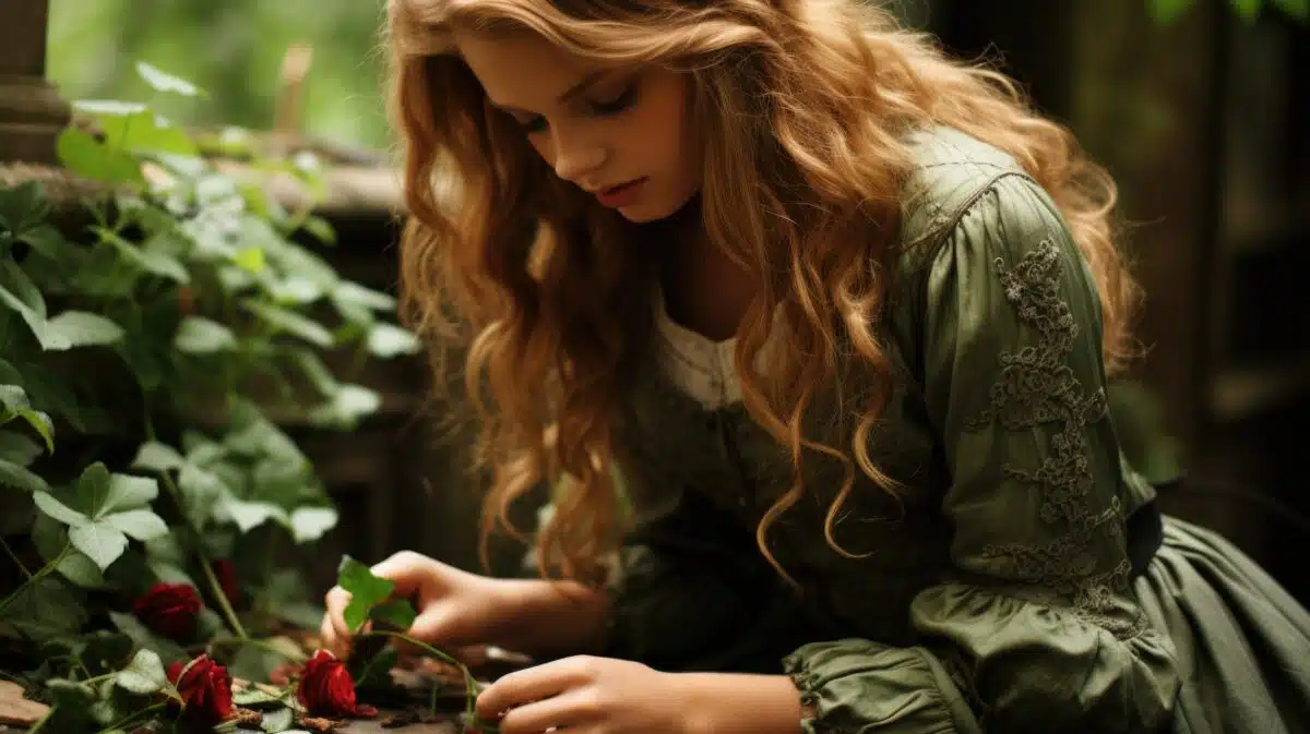 a woman in a green dress is looking at the roses on the ground with a sad expression on her face