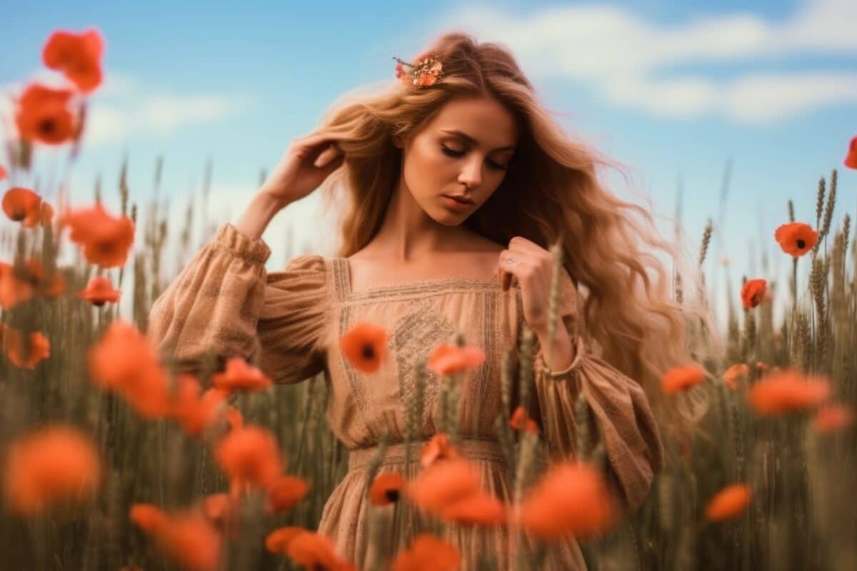 young beautiful woman in summer dress in poppies field , AI Generative