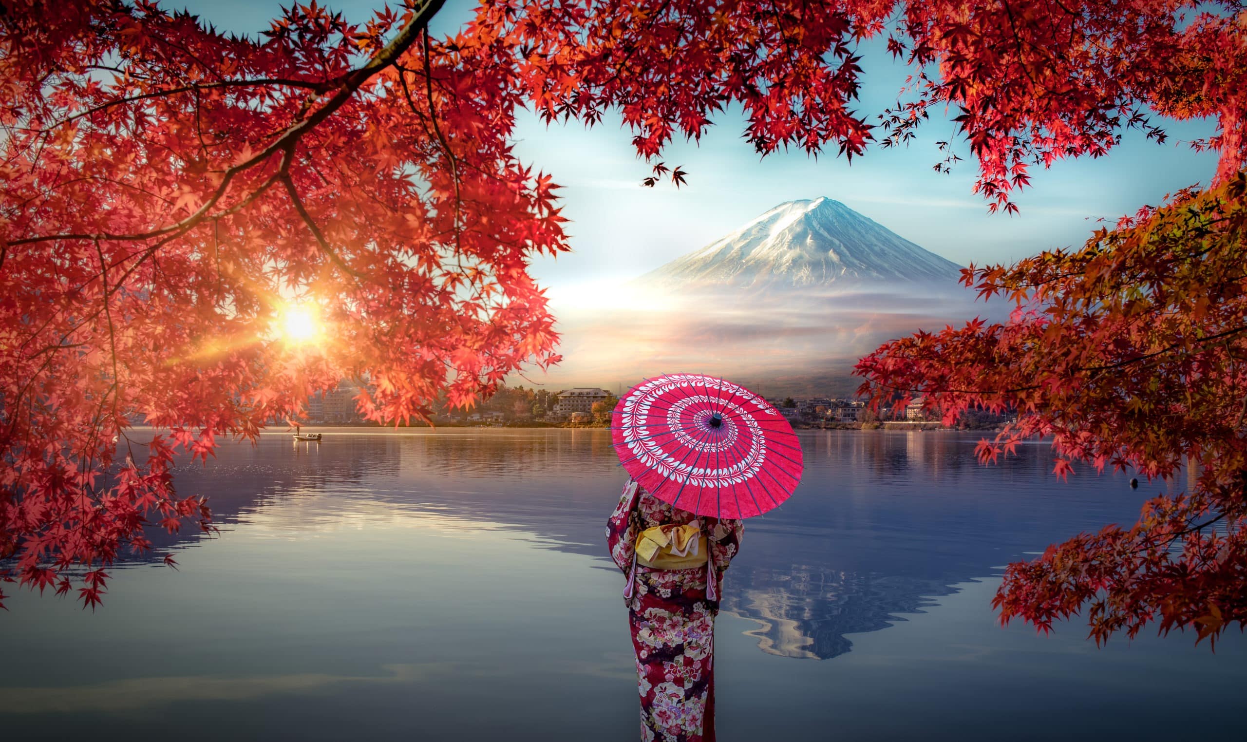 Colorful autumn Sseason and Mountain Fuji with Asian woman wearing traditional kimono.