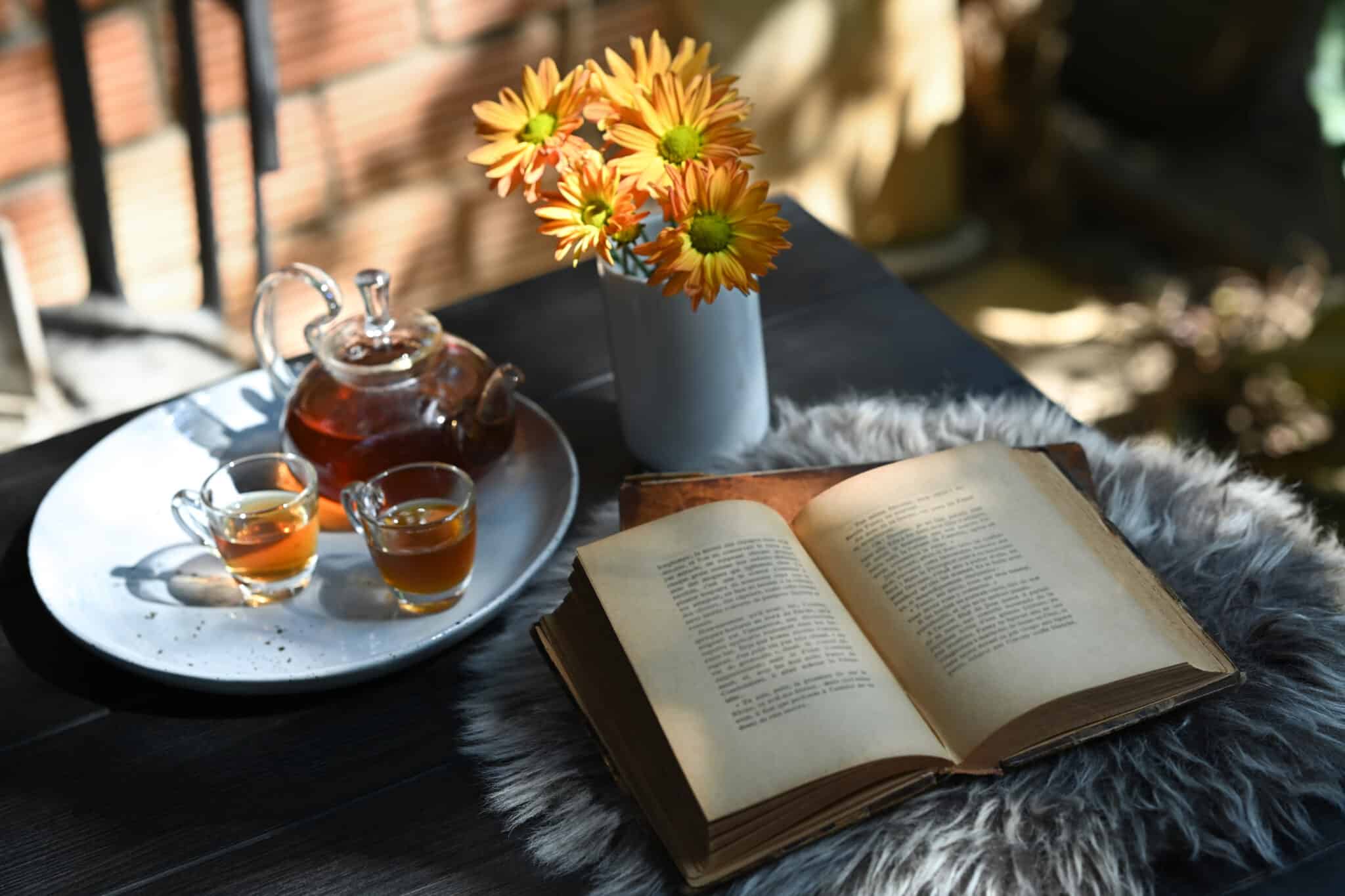 Tea set of cups and teapot with fresh tea, book and flower pot on wooden table with sunlight