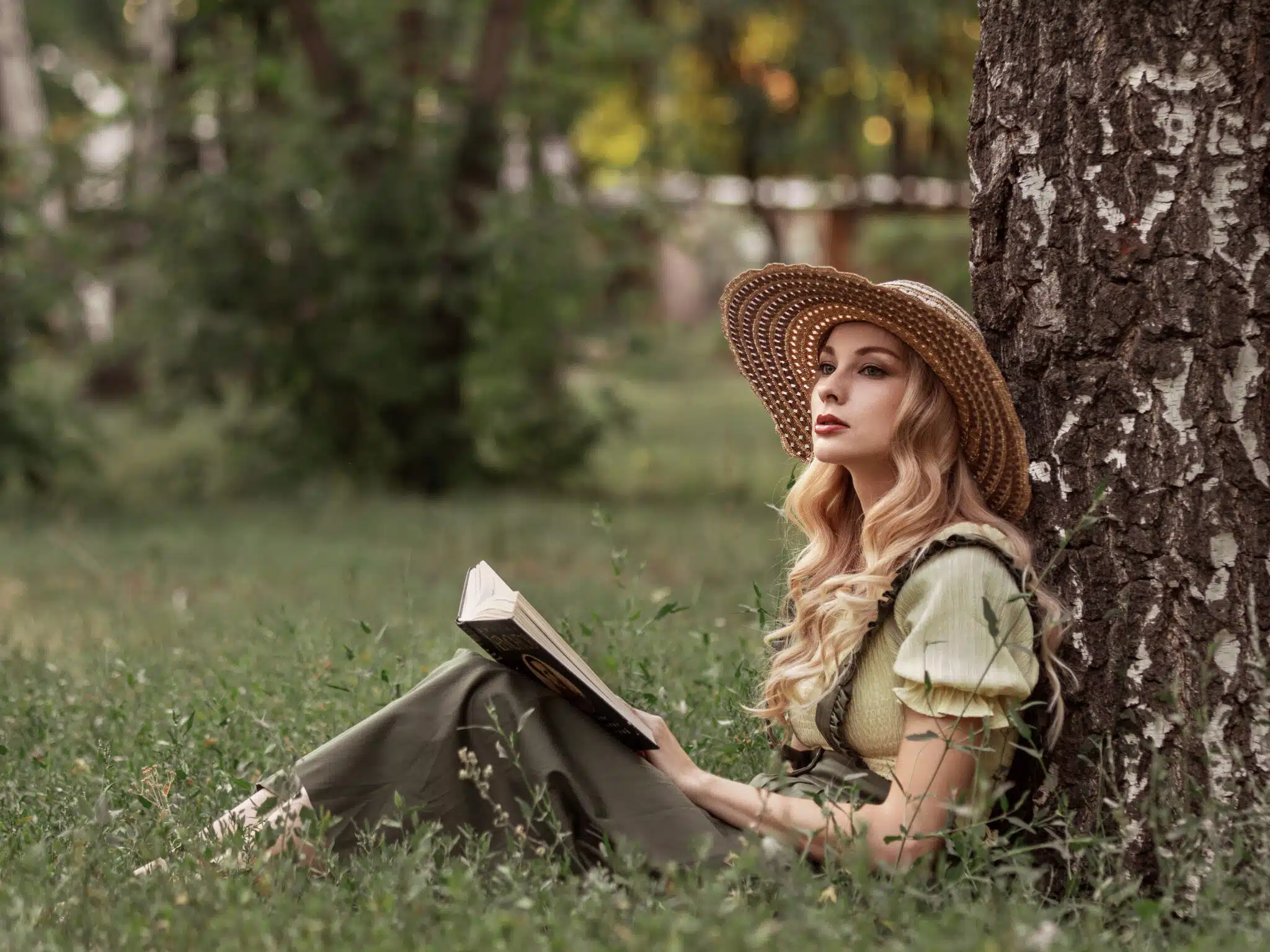 A beautiful woman with blonde hair in the park or garden reading a book