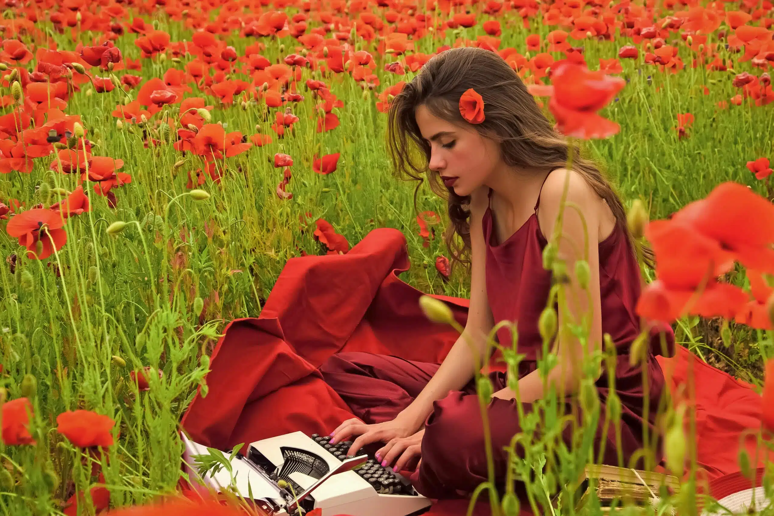 Elegant female writer in red dress typing on a typewriter in poppy flower field.
