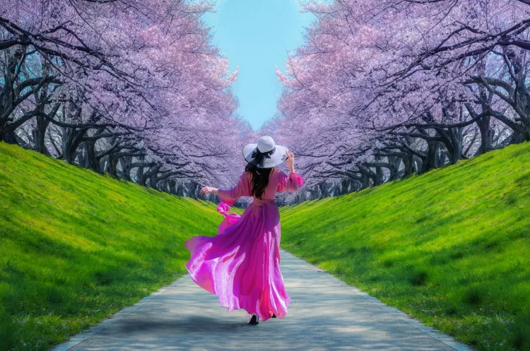 Asian woman in bright fuchsia pink dress strolling at a cherry blossoms park.