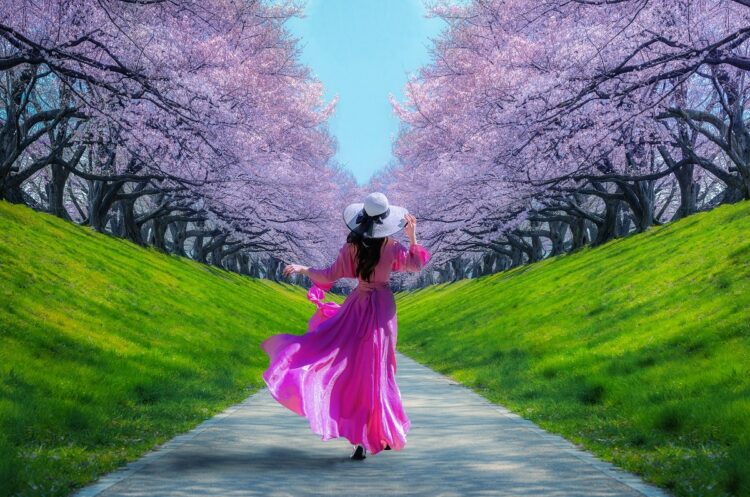 Asian woman in bright fuchsia pink dress strolling at a cherry blossoms park.