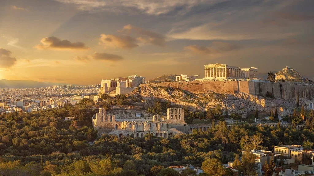 Akropolis of Athens Greece at sunset.