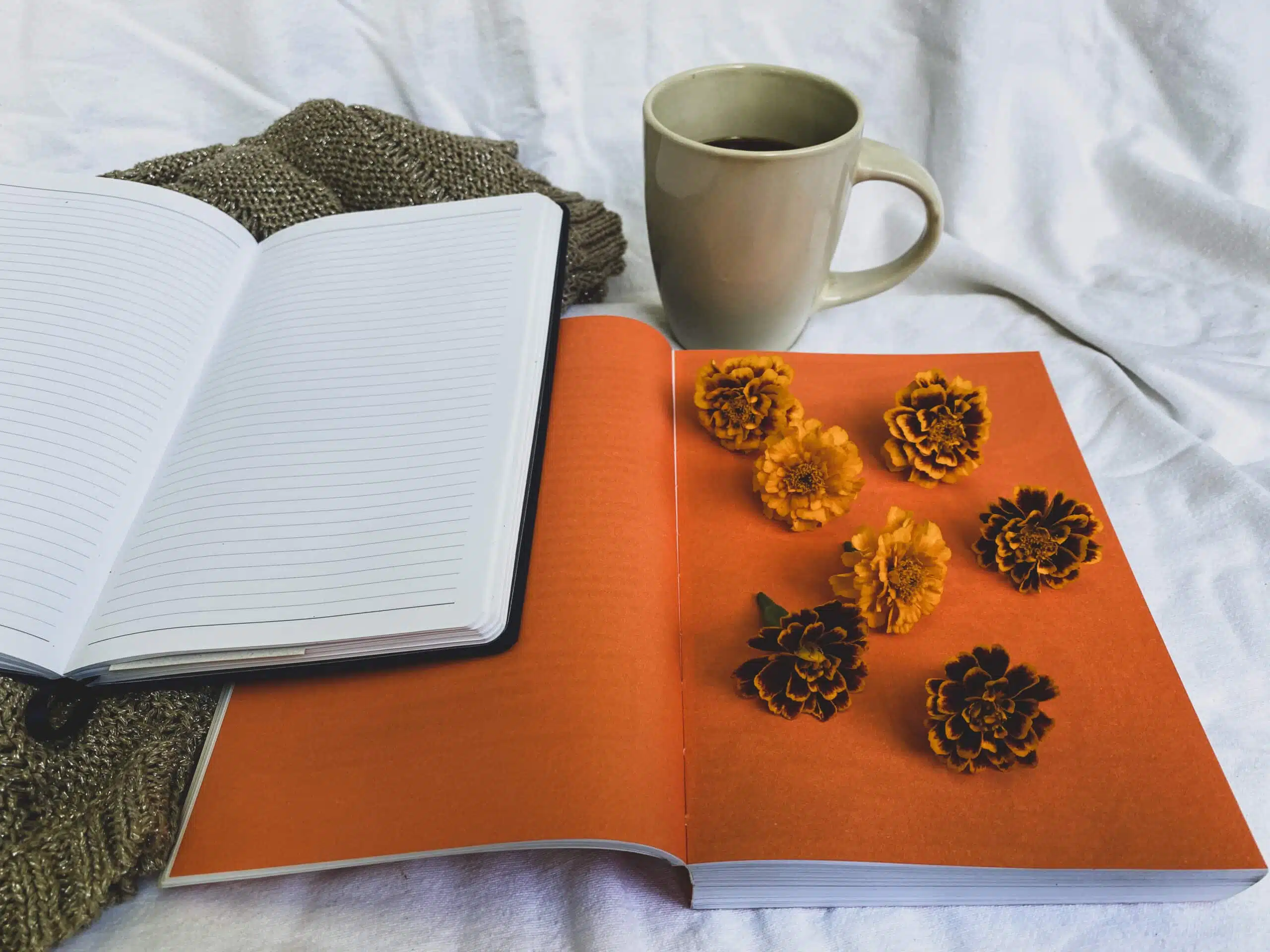 Orange flowers and orange book