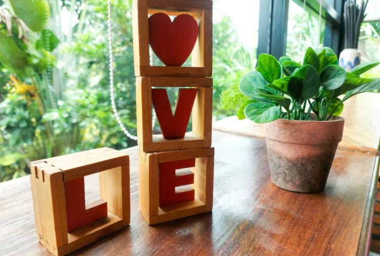 word LOVE wooden letters on top of window sill and a potted plant