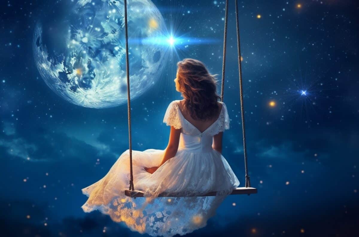 a mysterious lady dressed in white sits on a swing with the view of the starry night sky and the moon