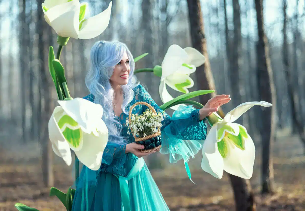 a young beautiful woman in a blue long dress with long blue hair collects snowdrop primroses. Fairy fairy walks in the spring forest. Bouquet of large white flowers