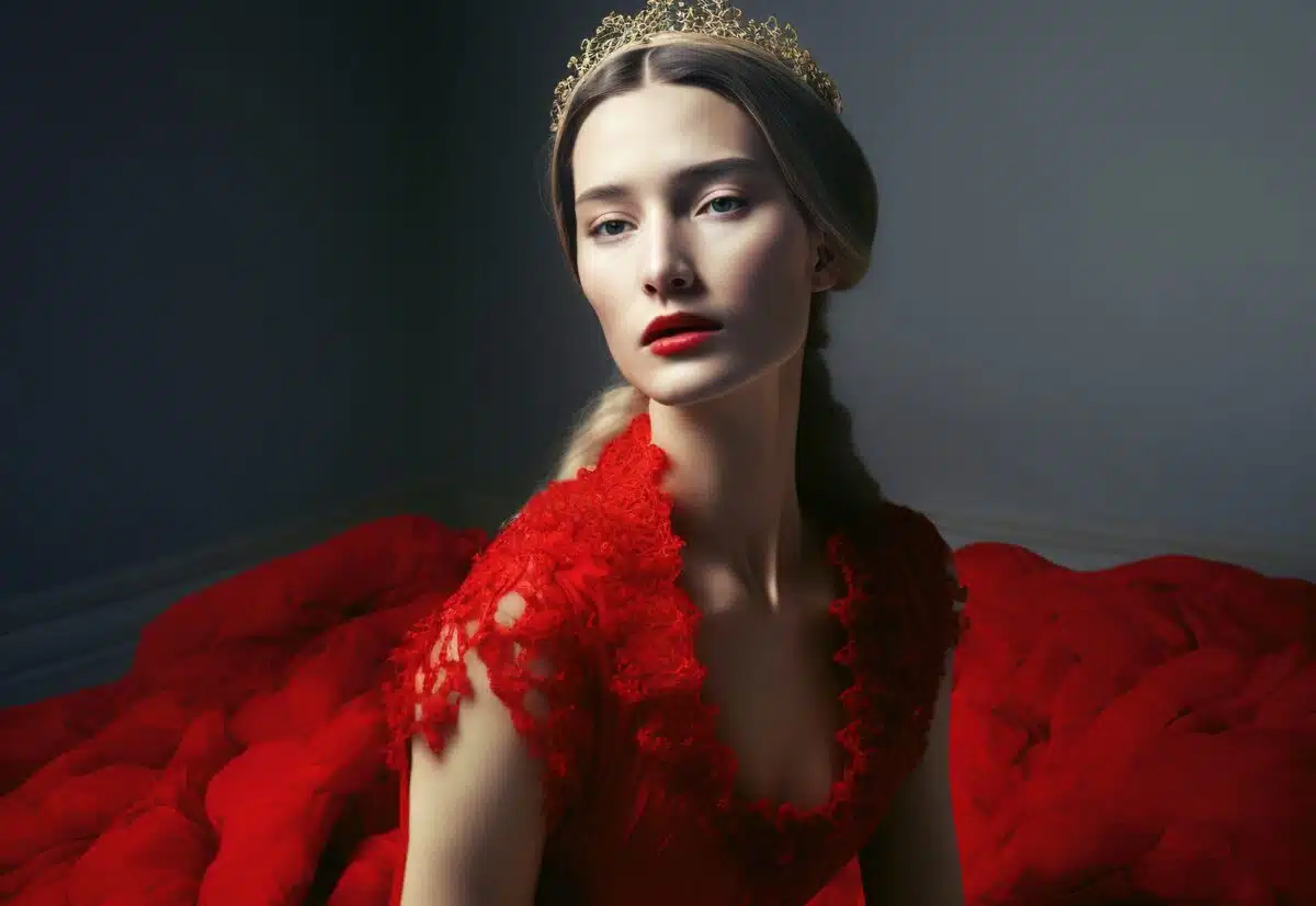 a stunning lady in red with a diadem on her head