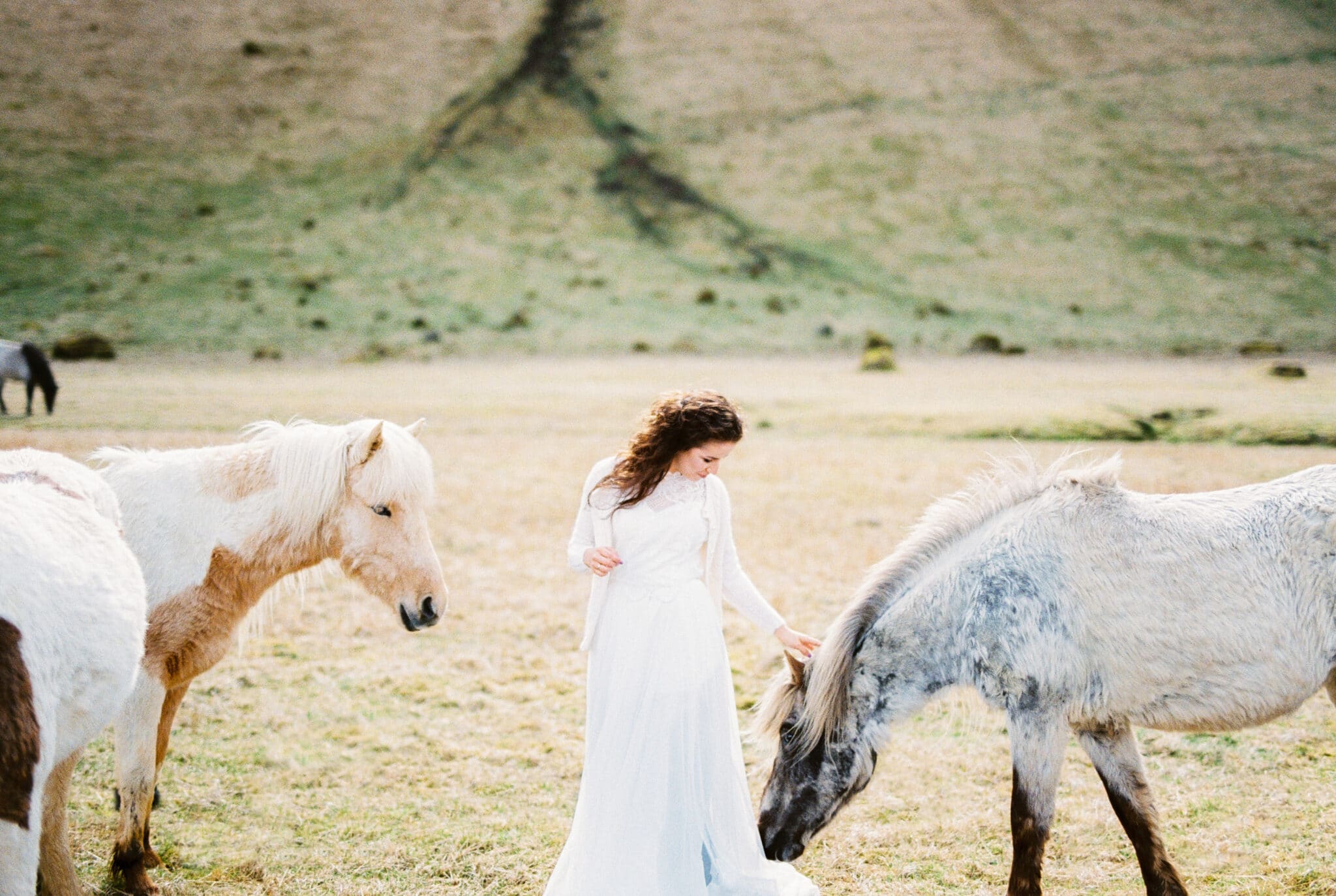 woman in a white dress strokes a horse in the pasture