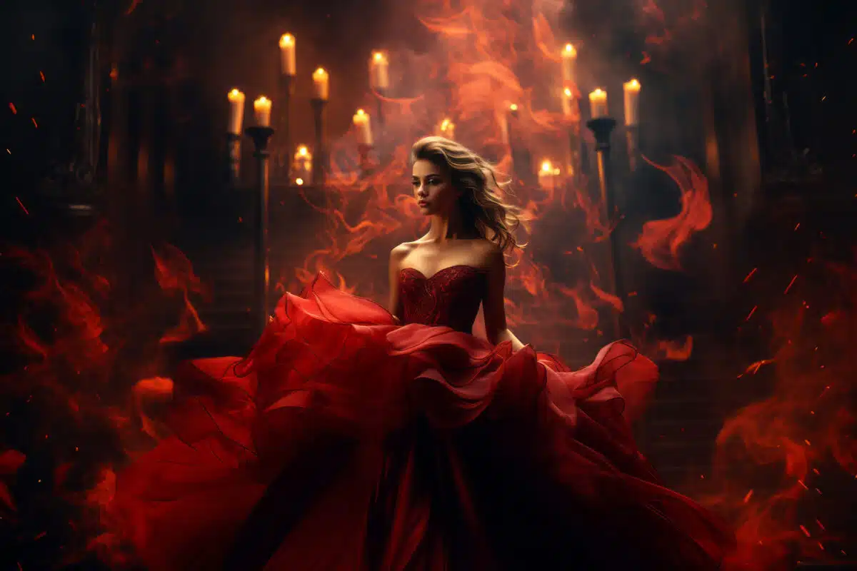 a stunning woman captivates in her elegant bright red dress in a candle dimly lit room