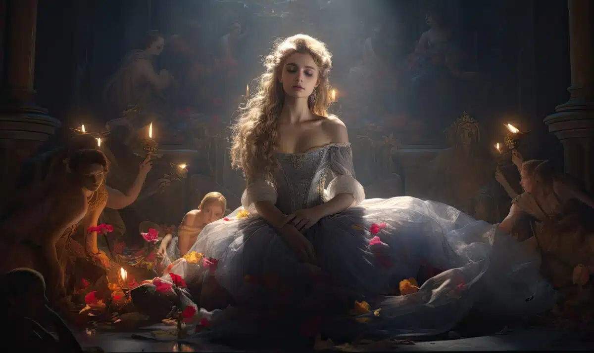 a mysterious blonde woman in a ball gown surrounded by candles